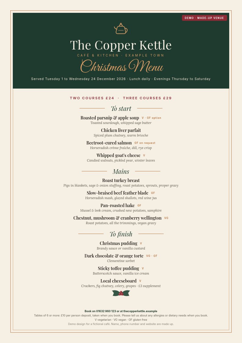 Example Christmas menu for The Copper Kettle, a made-up café